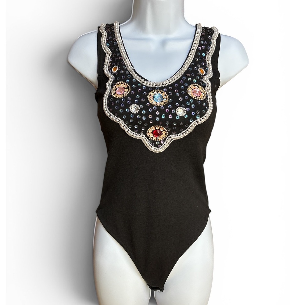 Vintage 90s Y2K Jeweled Black Bodysuit Medium Maximalist Pearl